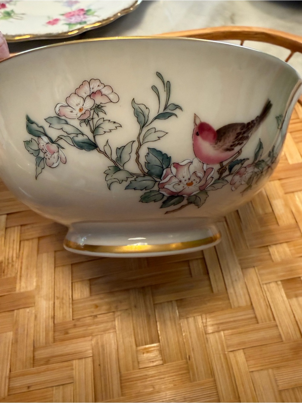 Vintage Lenox Porcelain Floral Bird Serving Bowls (set of 2)- Pink & Green